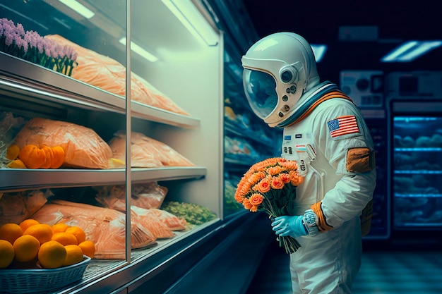 A man in a space suit holds a bouquet of orange flowers in a grocery store