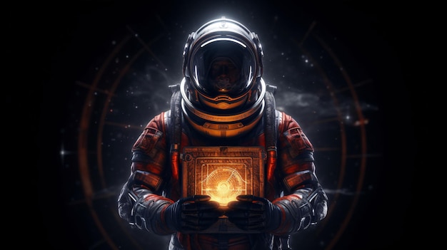 A man in a space suit holds a glowing light in his hands.