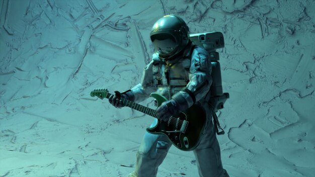 A man in a space suit holds a guitar in front of a blue background.