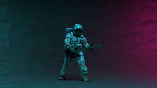 A man in a space suit holds a gun in front of a neon light.