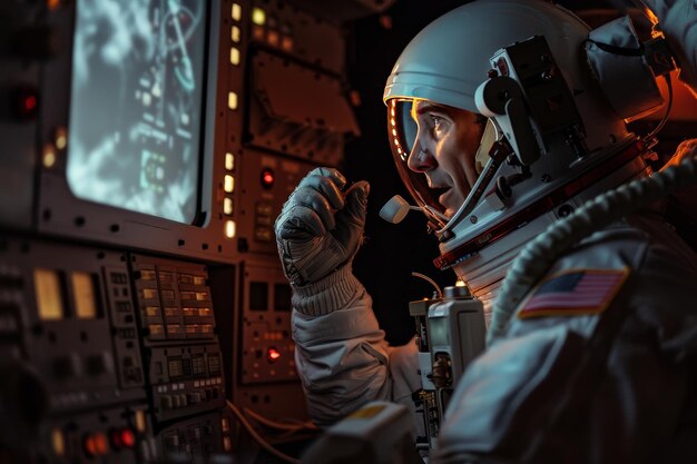 Foto un uomo in tuta spaziale sta guardando la telecamera.