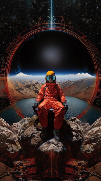 Photo a man in a space suit is sitting on a chair with a yellow hat on