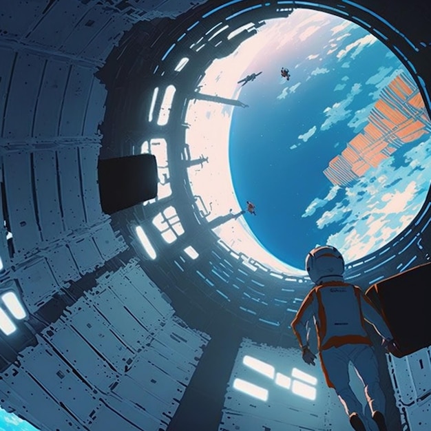 A man in a space suit looks at a building with a sky background