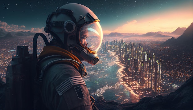 A man in a space suit looks out over a city