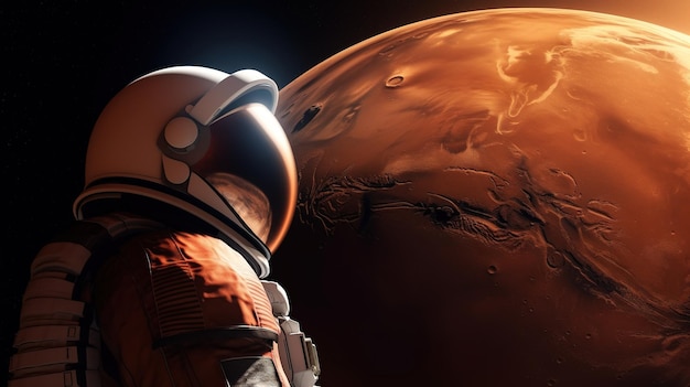 A man in a space suit looks at a red planet.