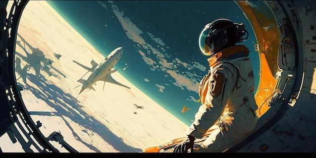 A man in a space suit looks at a spaceship on a planet.