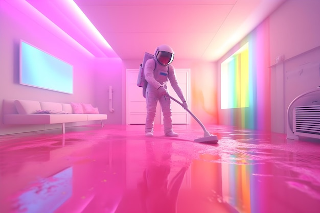 A man in a space suit mopping a floor with a pink and purple color