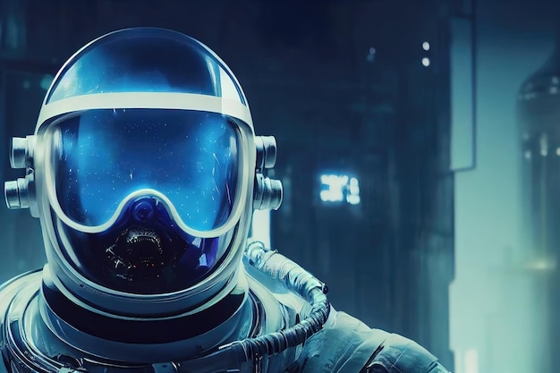 Man in a space suit science exploration outer space neon blue\
lights oxygen tubes eye glass protection from chemicals smoke dust\
radiation protective clothing concept 3d artwork raster