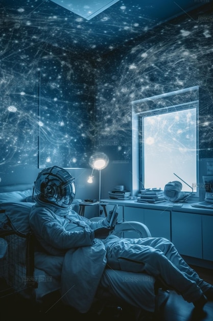 A man in a space suit sits in his bed with a book in his hand.