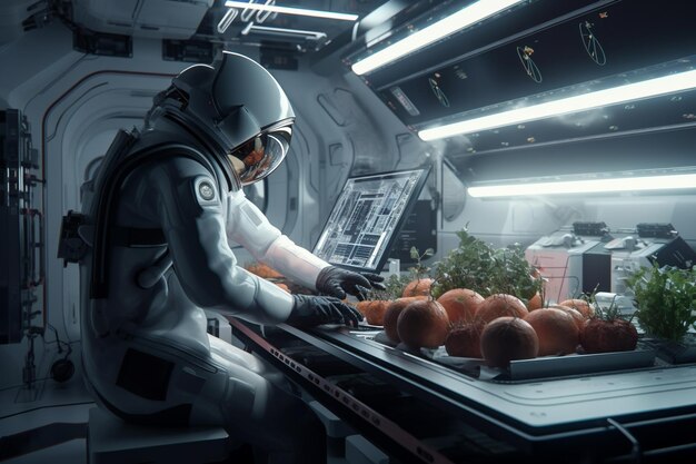 宇宙服を着た男性が食べ物を置いたテーブルに座っている。
