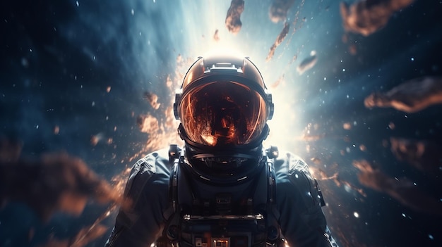 A man in a space suit standing in front of a bright light