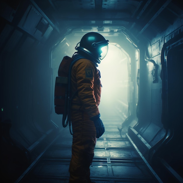 A man in a space suit stands in a dark tunnel with the light shining on him.