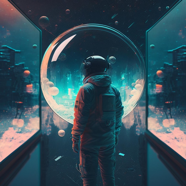 Foto un uomo in tuta spaziale si trova di fronte a una grande sfera di vetro.