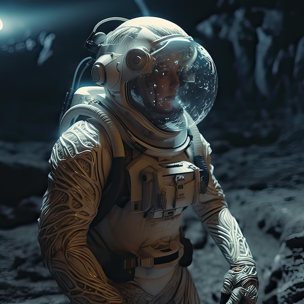 Photo a man in a space suit stands in front of a moon.