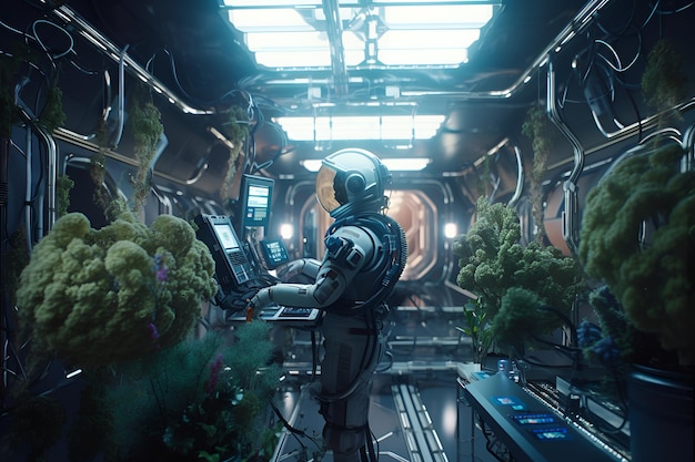 A man in a space suit stands in a room with plants and a window.