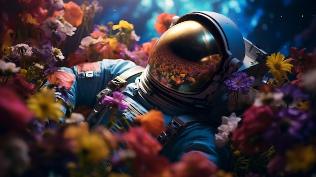 色とりどりの花に囲まれた宇宙服を着た男