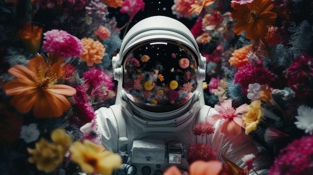 A man in a space suit surrounded by flowers