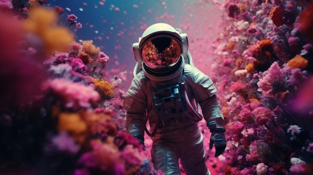 A man in a space suit walking through a field of flowers