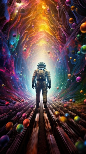 A man in a space suit walking through a tunnel