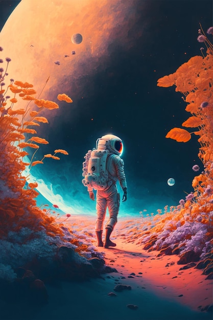 Man in a space suit walking towards a planet generative ai