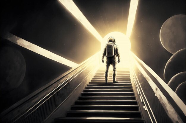 Man in a space suit walking up a flight of stairs generative ai