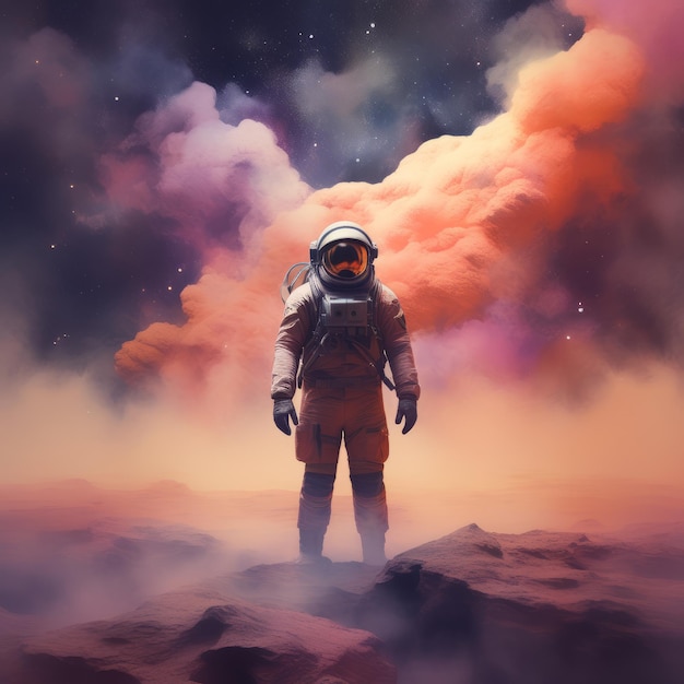 man in space suit with colorful smoke