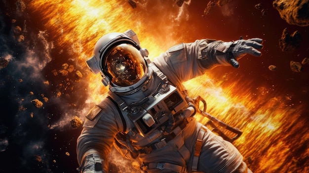 A man in a space suit with a fireball on his face.