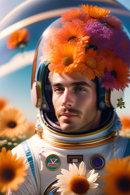 Мужчина в скафандре с цветами на голове