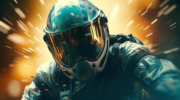 a man in a space suit with a helmet on his head and the words  go  on the back