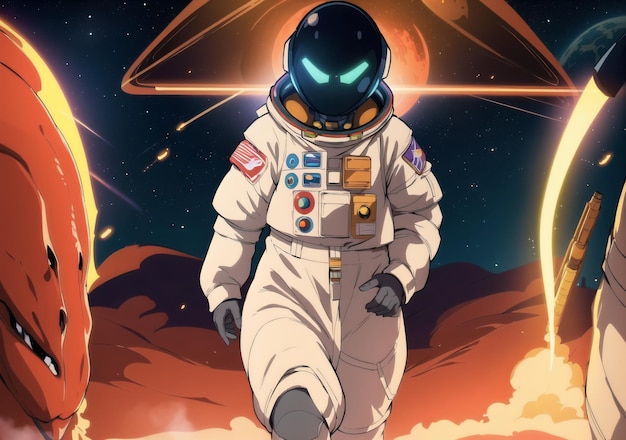 A man in a space suit with a helmet on it and a planet in the background.