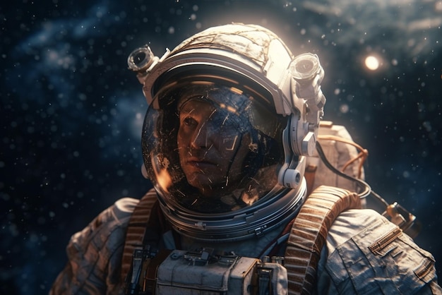 A man in a space suit with a helmet and a light on his head generative ai