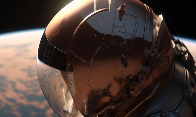 A man in a space suit with the sun shining on his helmet.