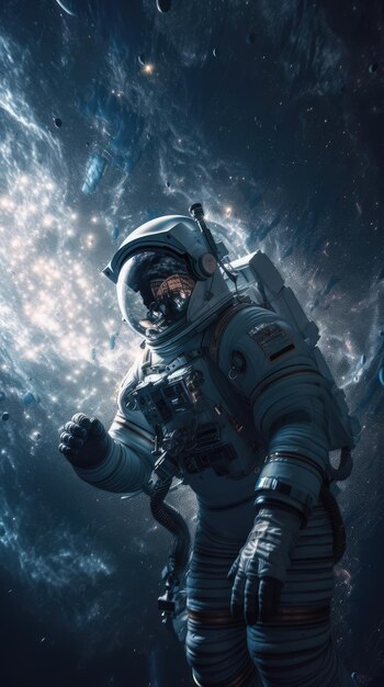 A man in a space suit with the word space on the screen