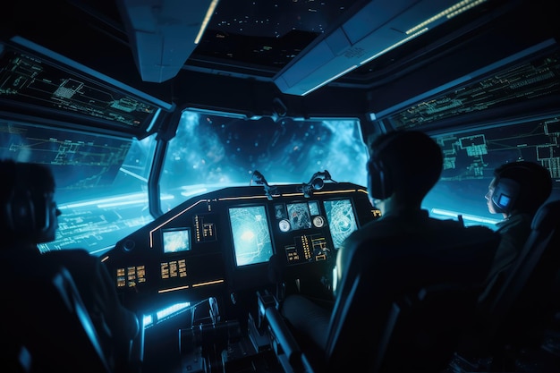 A man in a spaceship looking at a night sky with stars and planets