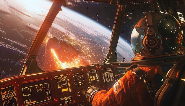 A man in a spacesuit is piloting a spaceship through space