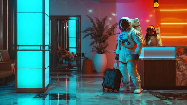 Photo a man in a spacesuit is standing in a hotel lobby with a suitcase