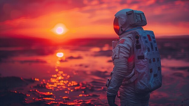 A man in a spacesuit stands on a beach at sunset