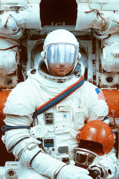 Foto un uomo in tuta spaziale con un elmetto rosso.