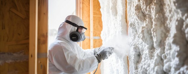 Photo man spaying foam insulating house walls