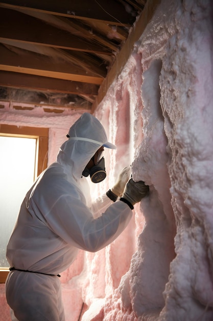 Photo man spaying foam insulating house walls