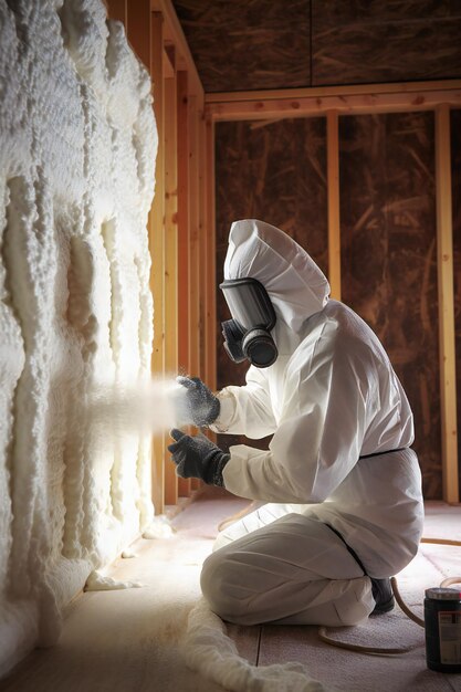 Photo man spaying foam insulating house walls
