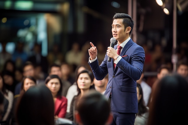 Photo a man speaking in front of the public seminar and lecture