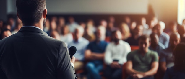 a man speaking into a microphone with a crowd in the background