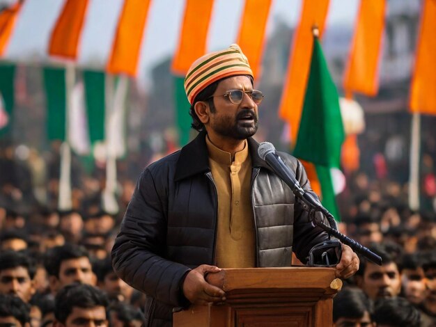 a man speaking into a microphone with a green and orange flag behind him