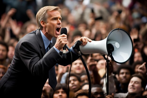 Photo man speaking through a megaphone at a protest