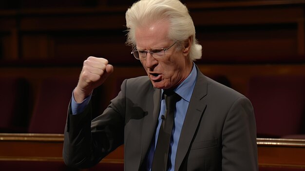 Photo a man speaks in parliament criticizing the current state of affairs