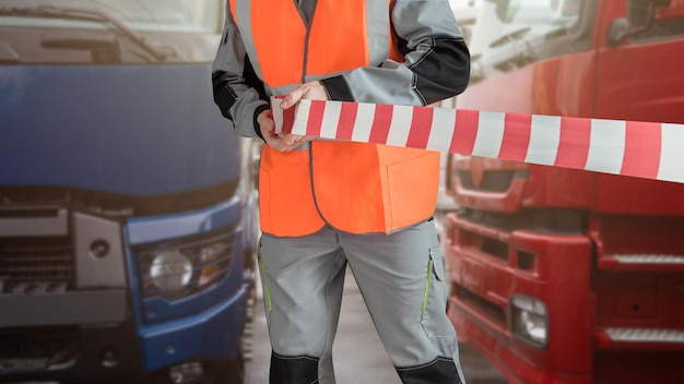 Photo man in special clothes blocks the parking with a tape different semi trucks on the background