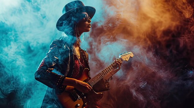 Foto man speelt gitaar voor een schilderij