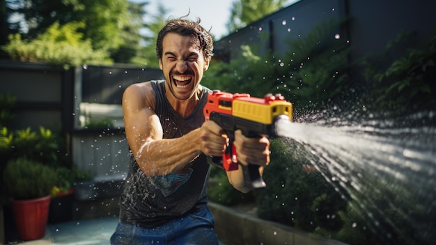 Man speelt met een waterpistool in zijn voortuin op een warme zomermiddag