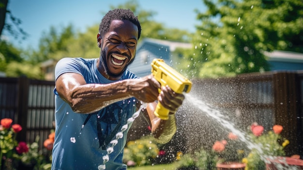 Man speelt met een waterpistool in zijn voortuin op een warme zomermiddag